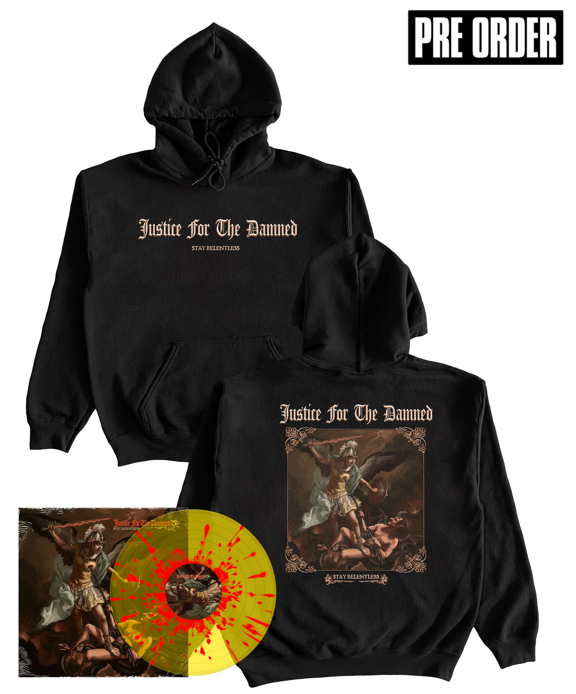 Justice For The Damned - Stay Relentless Hoodie & Vinyl Bundle
