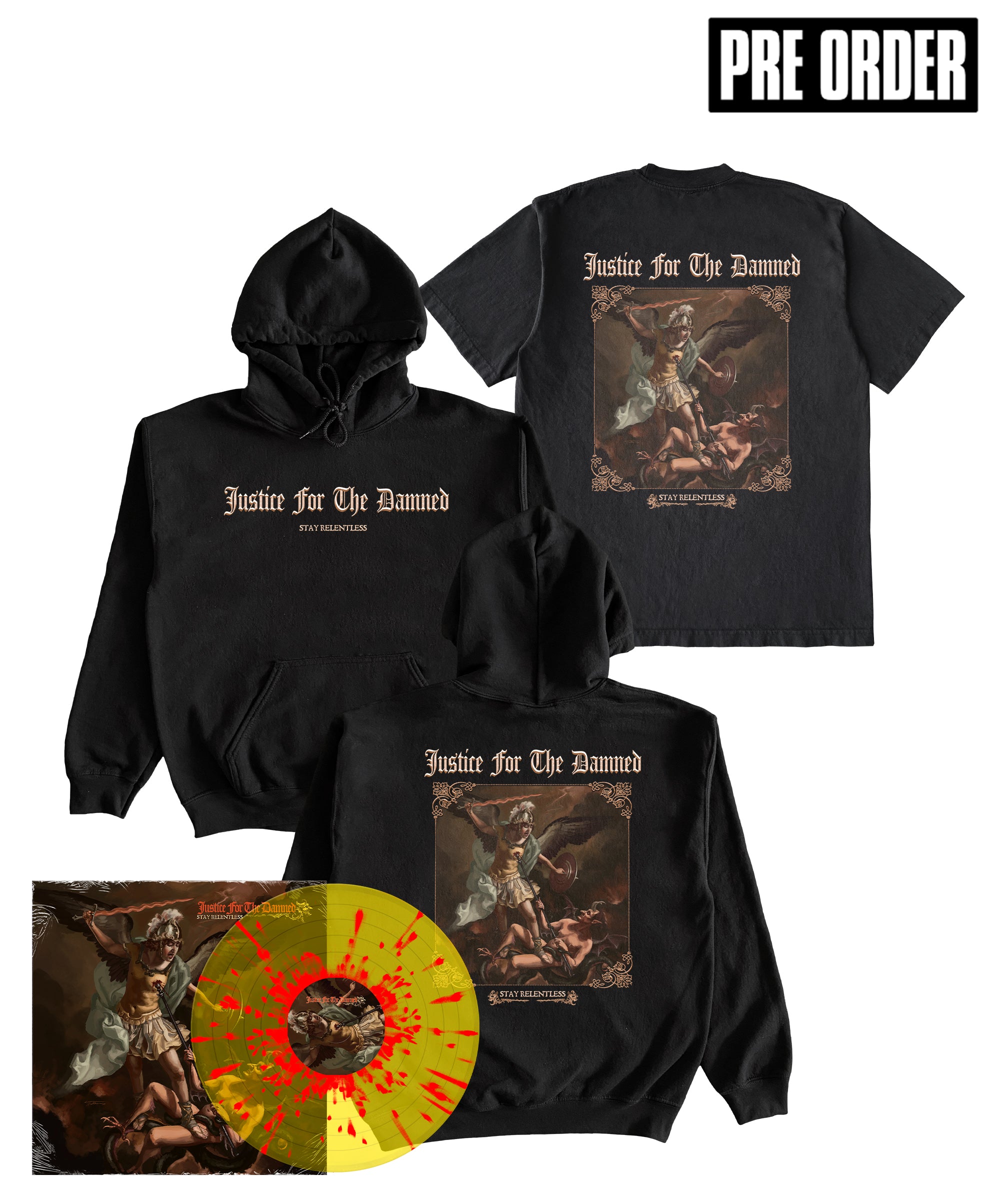 Justice For The Damned - Stay Relentless T-Shirt, Hoodie & Vinyl Bundle